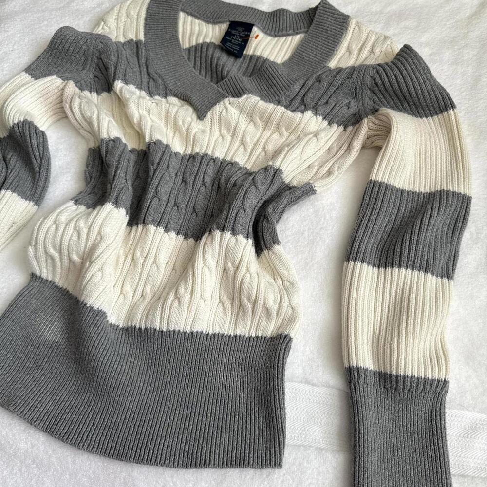 y2k basic fall fitted cableknit stripped sweater - image 2